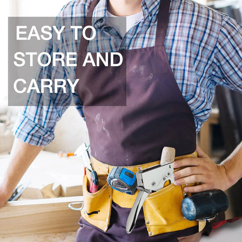 Person wearing apron and tool belt holding Light Duty Staple Gun Kit With 2000 Three Eighths Inch JT21 Staples and other tools.