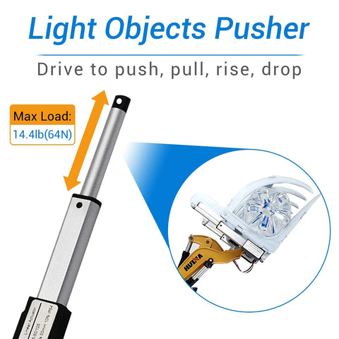 12V Micro Linear Actuator With 2 Inch Stroke And 64N Load, 0.6 Inch Per Second Speed, Tiny Waterproof Motion Actuator, IP54 Rated, Includes Mounting Brackets, Low Noise Under 55 Db, Perfect For Fans, Cabinets, Window Openers, Robotics, And Tables close-up showing actuator push rod and load details.