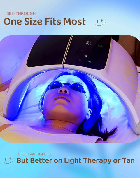 Person under light therapy device wearing Transparent Safety Goggles For Eye Protection With Storage Box 1 Pack