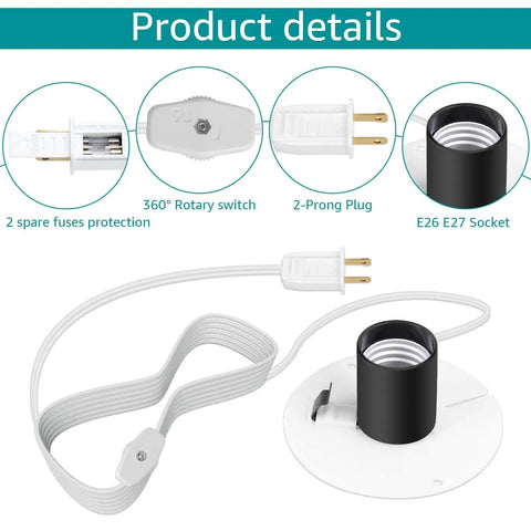 Product details of Replacement Blow Molded Light Wire Kit 4.9 Feet 120V With Switch And Plug For E26/E27 Bulbs, includes 2-prong plug.