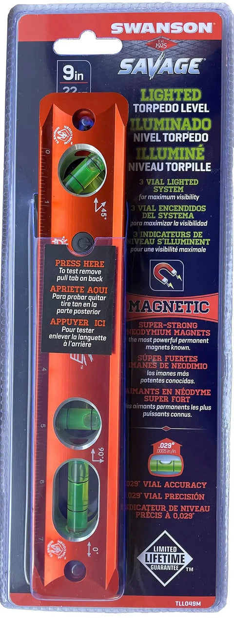 Savage Lightning Aluminum Torpedo Magnetic Illuminated Level Nine Inch With BrightView Readability And Three Vials For Accurate Leveling