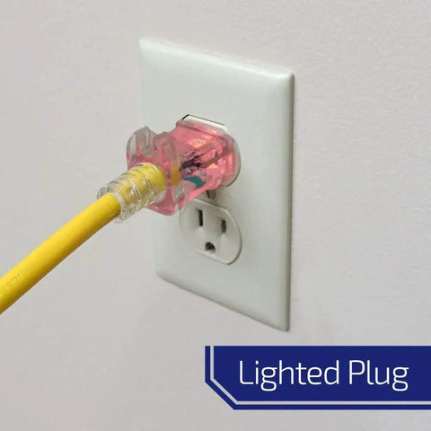 Yellow power cord with lighted plug in wall outlet, highlighting safe electrical connection with visual indicator.