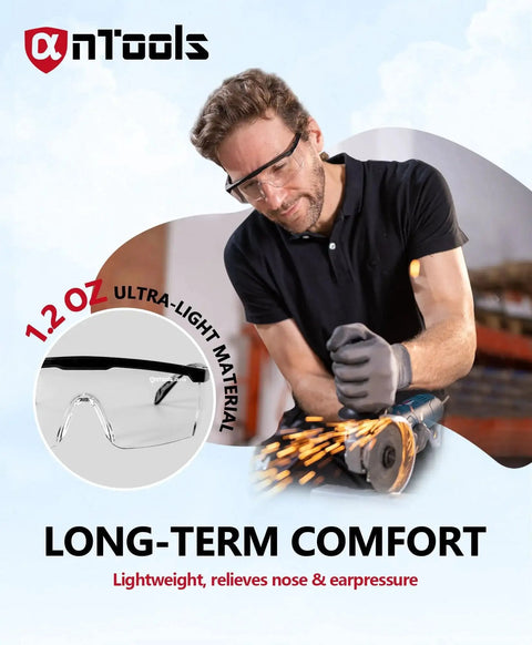 Man wearing Anti Fog Safety Glasses With Adjustable Temples ANSI Z87 Plus Clear Eyewear while grinding metal