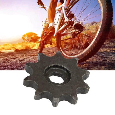 10 Tooth Sprocket Lightweight Carbon Steel Gear For Ordinary Chains 12.5mm Pitch 7mm Thick displayed with a bicycle backdrop