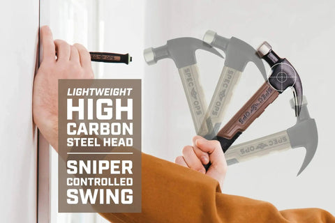 Person holding Fiberglass 20 Oz Hammer With Smooth Face And Curved Claw, Shock Absorbing MOA Grip, Non Conductive Handle Ideal For Electricians, Carpenters, And Contractors, Lightweight Yet Durable Hammer For Woodworking And Remodeling Projects against a wall