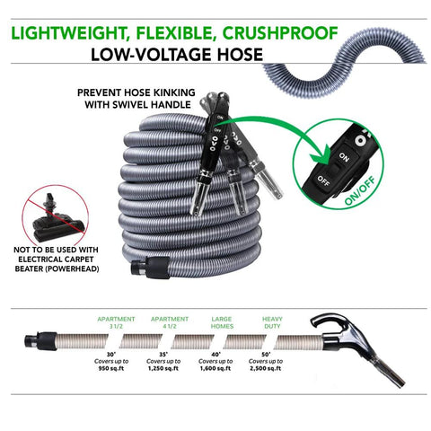 Universal Central Vacuum Hose With 50ft Length And Handle Switch For Easy On Off Control No Fuss Crushproof Swivel At The Handle