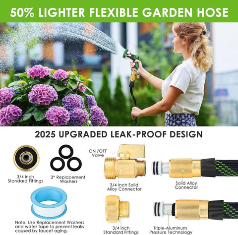 Garden hose, 150 ft, ultra-lightweight FlexiSolve with 10-pattern nozzle and leak-proof design