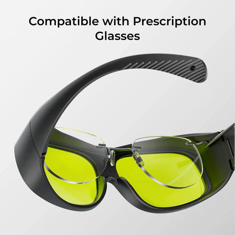 Lightweight 50g laser safety glasses compatible with prescription glasses, designed for F1 F1 Ultra S1 M1 D1 Pro and D1 lasers, side view.