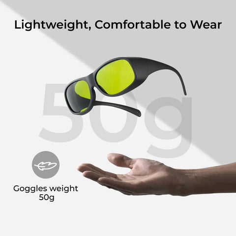 Lightweight 50g Laser Safety Glasses For F1 F1 Ultra S1 M1 D1 Pro And D1 Lasers, floating above hand, emphasis on weight and comfort
