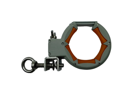 Side view of a lightweight cable pulling pulley for easy installation of Ethernet, coaxial, fiber optic, and low-voltage cables in cable trays.