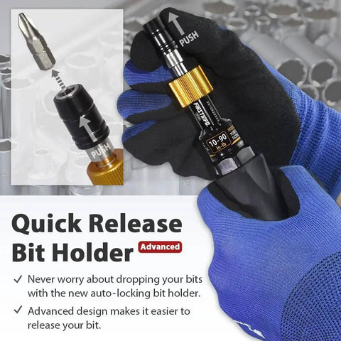Image of Limited Torque Screwdriver 10-90 in-lbs with 1/4 Inch Universal Hex Bit Holder Quick Release Design, held by a gloved hand.