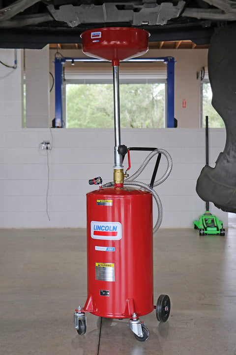 Lincoln 3601 Pneumatic 18 Gallon Pressurized Fluid Drain and Evacuation Tank, red steel body, under vehicle, adjustable funnel height