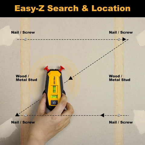Hand using Compact 2-in-1 Line Laser Level With Magnetic Stud Finder on drywall, showing nail and stud locations for easy alignment.
