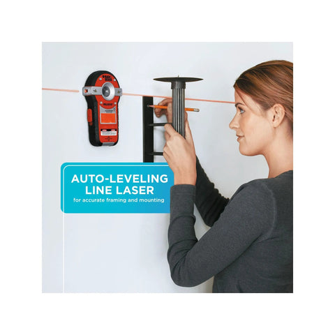 Two in one line laser with auto leveling and stud finder delivers precise wall hanging for frames, shelves, and decor