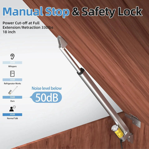 Heavy Duty Tough As Nails 12V Linear Actuator With 330 Pound Load Capacity, 18 Inch Travel, installed at an angle on wooden panel