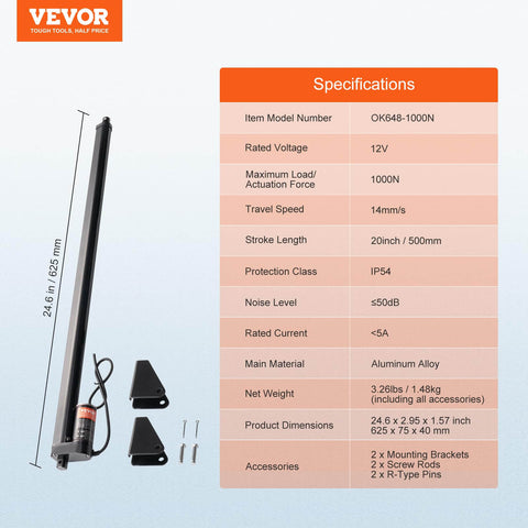 Linear Actuator 12V, 20 Inch High Speed 0.55"/s Linear Motion Actuator with mounting brackets and specs chart displayed.
