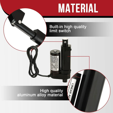 Heavy Duty 12V Linear Actuator with 2 Inch Stroke and 202 Lb Load, showing built-in limit switch and aluminum material.