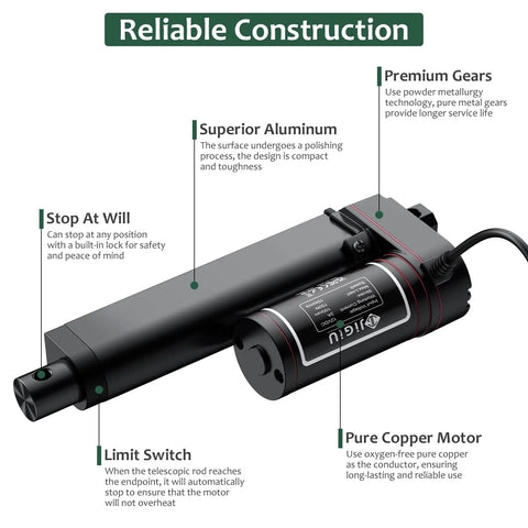JiGiU 12V heavy-duty linear actuator with black housing and mounting bracket; 165 lb (750 N) force