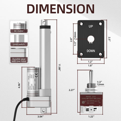 Dimensions of Linear Actuator 12V with Controller 6" 3000N/660lbs Stroke, showing DC motor, limit switch, and gear details.