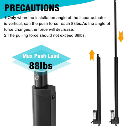 Image of Four Inch High Speed 12V Linear Actuator With 88 Lbs Load Capacity IP65 Waterproof showing max push load and precautions.