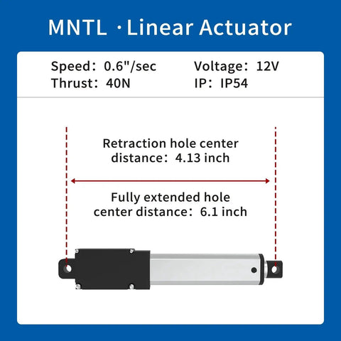 Diagram of High Speed 50mm Stroke 12V IP54 Aluminum Alloy Linear Actuator with 40N Thrust and 0.6 Inches Per Second speed.