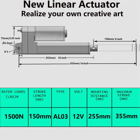 AWINLI 12V linear actuator, 1500N, 150mm stroke; technical diagram with dimensions and mounting distance.