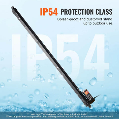 Linear Actuator 12V, 20 Inch High Speed 0.55"/s Linear Actuator, 220lbs/1000N with IP54 protection, splash-proof feature highlighted.