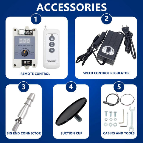 JQDML actuator accessories set: remote control, speed regulator, big end connector, suction cup, cables and tools