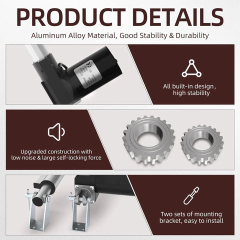 Diagram showing 6000N Heavy Duty 12V Linear Actuator with aluminum material, built-in design, and mounting brackets for marine use