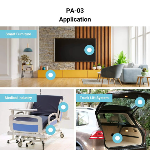 Applications of 12 Inch Stroke 600 Lb 12V Linear Actuator With Low Current DC Motor For Automotive Medical And Robotics PA-03-12-600 shown in smart furniture, medical bed, and trunk lift system.