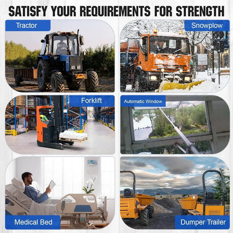 Image showcasing heavy duty 12 inch linear actuator 3000N 675 lbs 12V applications: tractor, snowplow, forklift, auto window, medical bed, dumper trailer.