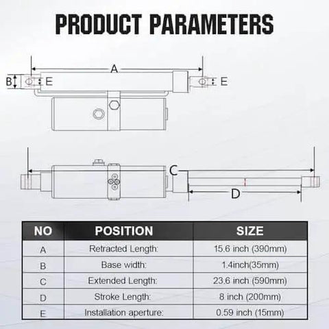 Technical diagram of Workhorse Heavy Duty Hydraulic Linear Actuator With 8000N Push Force 12V DC Motor 12 Inch Stroke IP65 Protection