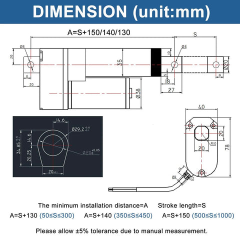 Technical dimensions of 6 Inch 6" Stroke Linear Actuator IP65 Waterproof Heavy Duty 12V 3000N/660lbs Maximum Lift with diagrams.