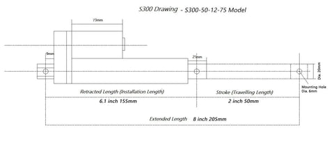 Diagram of Heavy Duty 12V DC Linear Actuator With 2 Inch Stroke SOViK Beefy 750N Load showing dimensions and 6mm mount holes.