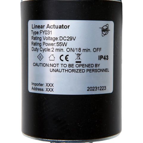 Linear actuator FY031, black cylindrical motor with silver label showing DC29V 55W for recliner lift chairs