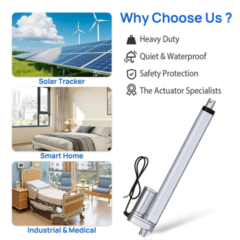 Three examples of actuator use: solar trackers, smart homes, industrial & medical settings, with emphasis on quiet, waterproof, heavy-duty design.