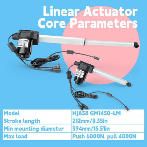 Two black and silver lift chair linear actuators with cables; model HJA58 GM1450-LM.