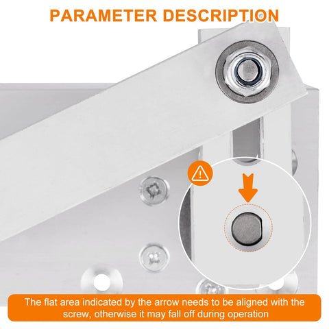 Metal mounting bracket for a linear actuator with bolts, screws, and an orange alignment warning circle.