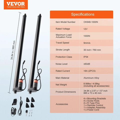 Two Pack 30 Inch Linear Actuator Kit With Wireless Remote For TV Tables And Sofas Lifts High Speed 0.35 Inches Per Second 110 Volt 220 Lbs 1000 Newtons IP54 Protection All In One System For Home And Industrial Use with aluminum alloy material and accessories.