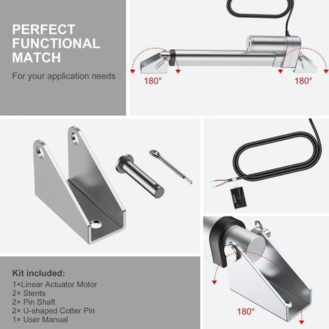 Justech 12V heavy-duty linear actuator with 8-inch stroke, 2x mounting brackets, 2x pins, 2x cotter pins, and manual
