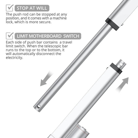 12V heavy-duty linear actuator with mounting bracket, silver metal, side view.