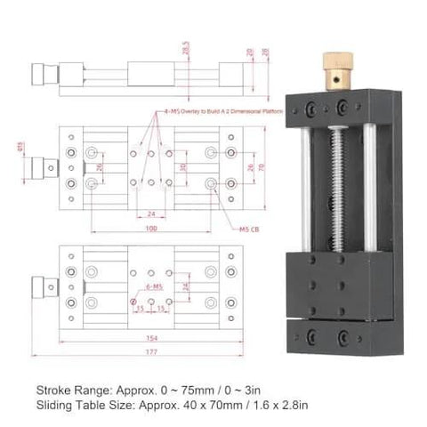 Diagram and specifications of Linear Actuator Manual Sliding Table Stage Kit for 3D Printer CNC Router Aluminum Alloy Rail Guide