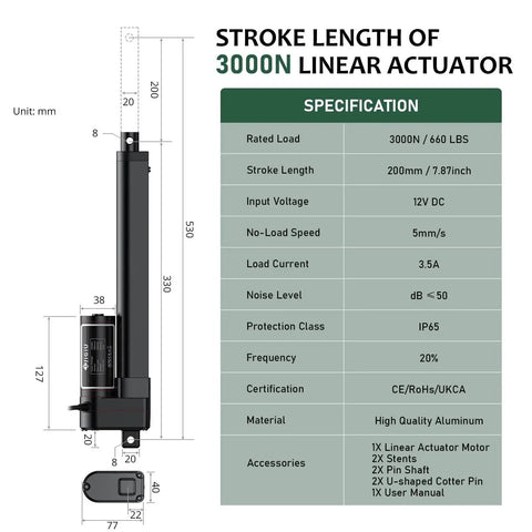 Diagram showing Beefy 12V Heavy Duty Linear Actuator with 8 inch stroke, 660 lbs capacity, IP65 waterproof, specifications