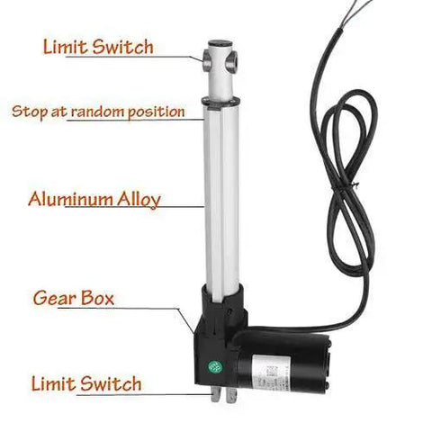 Heavy Duty Waterproof Linear Actuator 12V 6000N 1000mm Stroke with labeled components and aluminum housing