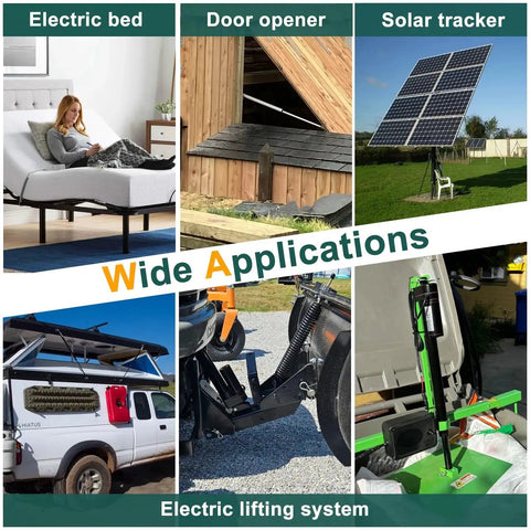 Wide applications of Heavy Duty 12V 4 Inch Stroke Linear Actuator With 440 LBS Load Capacity in beds, doors, solar trackers, and vehicles.
