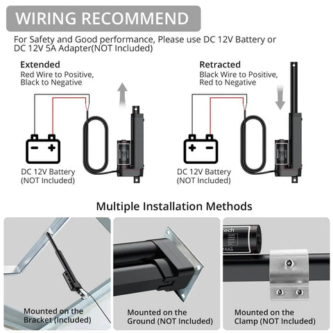 Wiring diagram and installation methods for Beefy 12V Linear Actuator 330Lbs 1500N 4 Inch Stroke Silent Waterproof IP65 Electric Actuator.