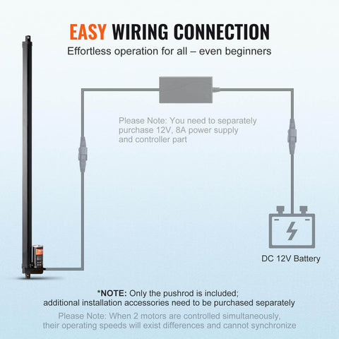 Diagram of Linear Actuator 12V wiring connection with DC 12V battery and installation notes; showing easy setup instructions.