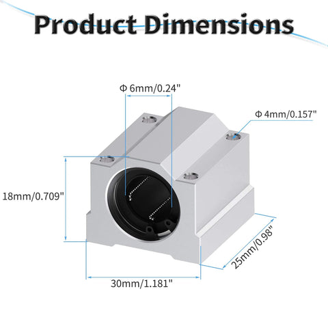 Diagram showing dimensions of 4 pcs scs6uu linear ball bearings, 6mm id×25mm length linear ball bearing aluminum slide block