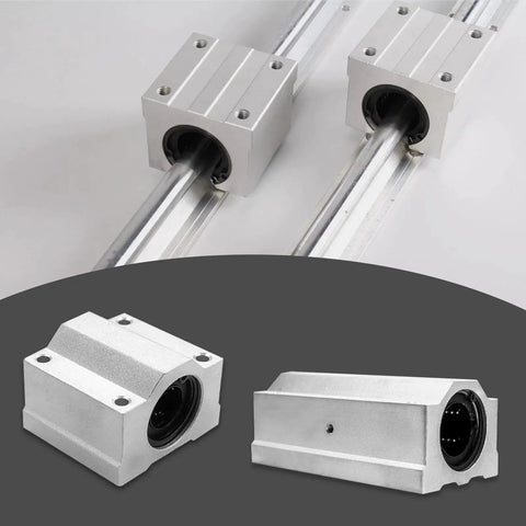 Four Pack 20mm Linear Bearing Slide Blocks SCS20UU Aluminum Bushing For DIY Printers And CNC Machines, mounted on a smooth rail guide shaft.