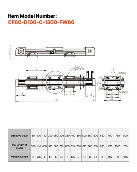 Technical diagram of Linear Guide Rail, Belt Drive, CNC Linear Motion Stage Actuator with Nema34 Stepper Motor, 1300 mm Stroke Work Size.